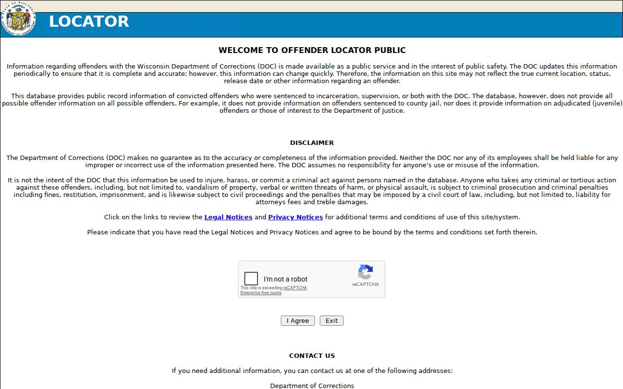 Oneida County arrest history Wisconsin DOC locator search