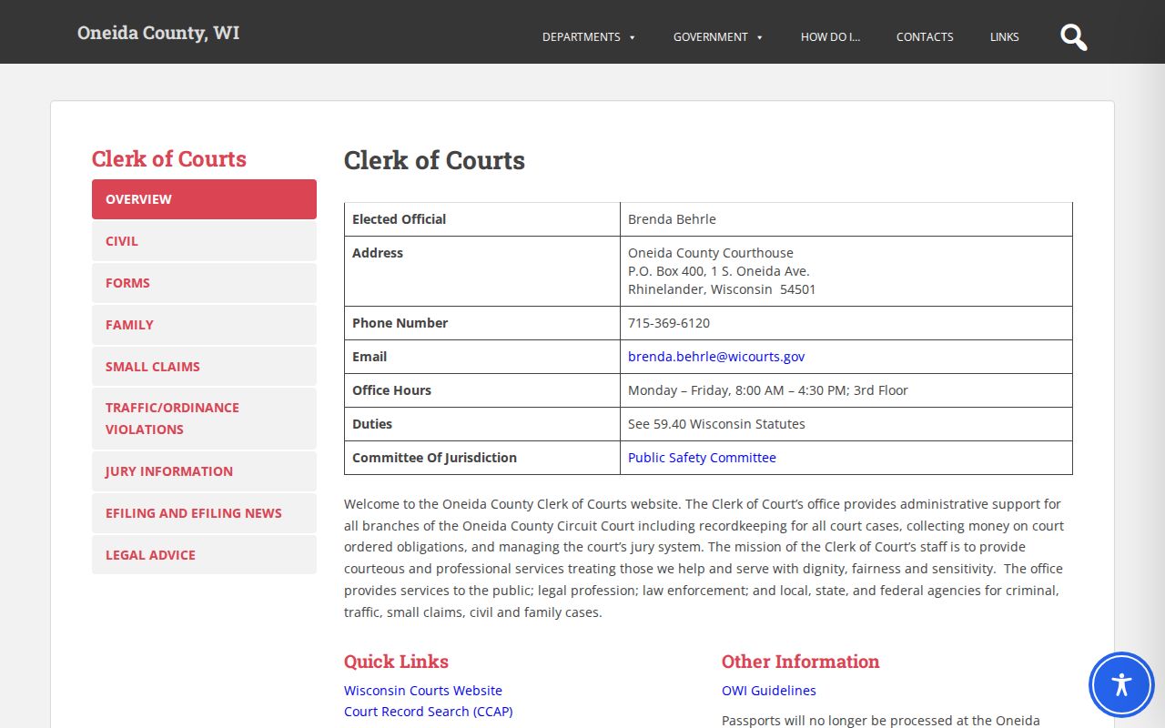 Oneida County criminal record access through the Clerk of Circuit Court