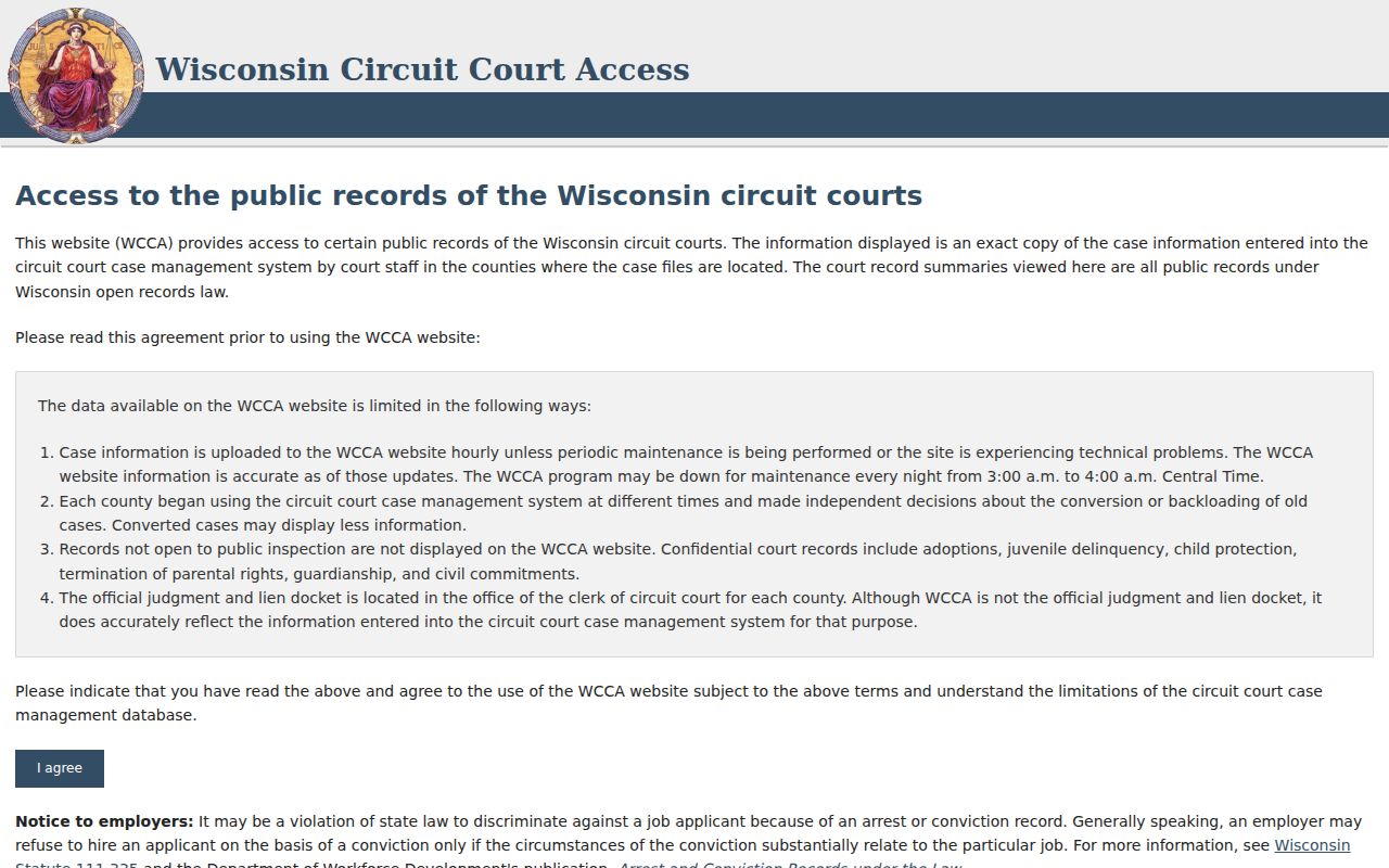 Oneida County criminal court record search fields in WCCA